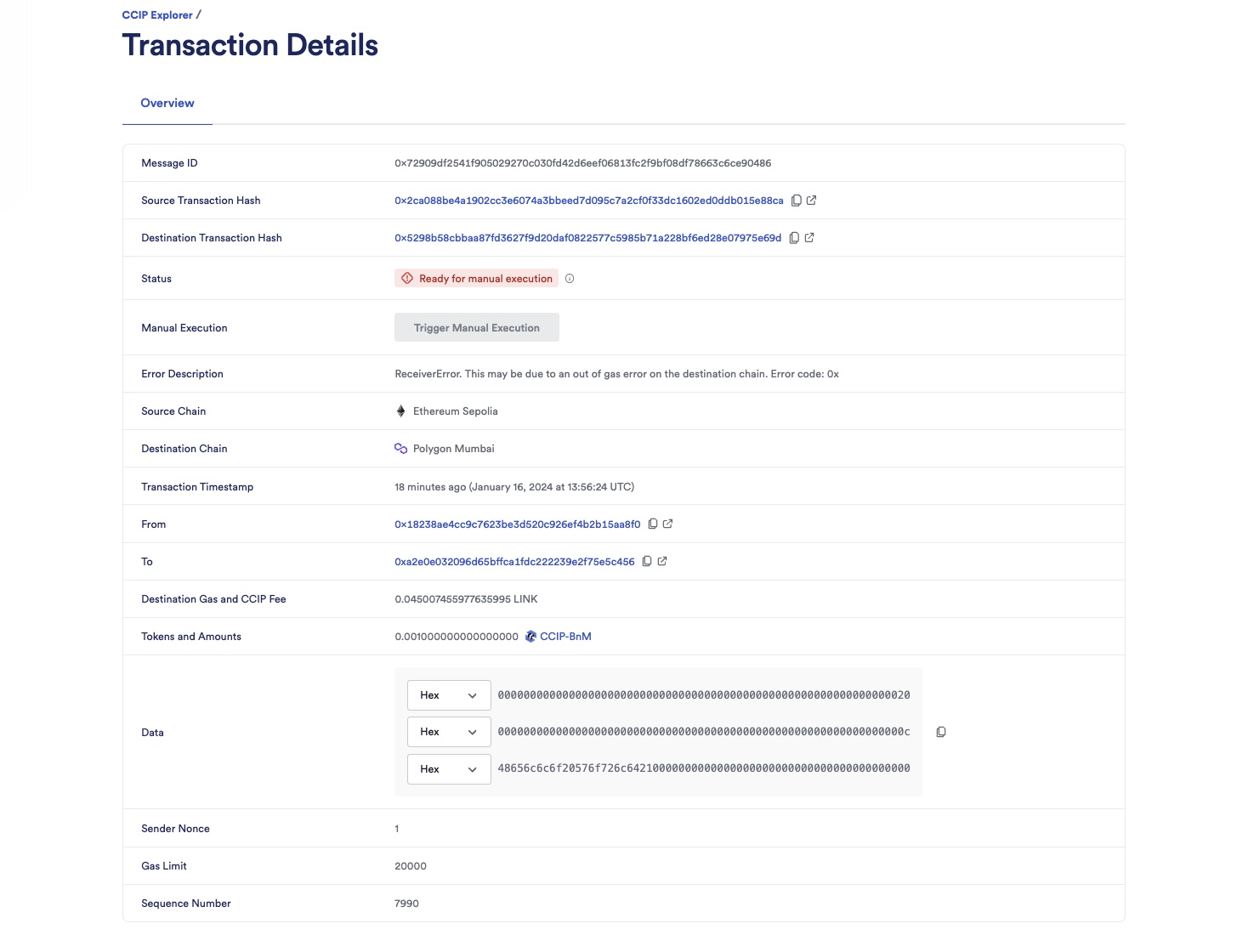 Chainlink CCIP Explorer transaction details ready for manual execution